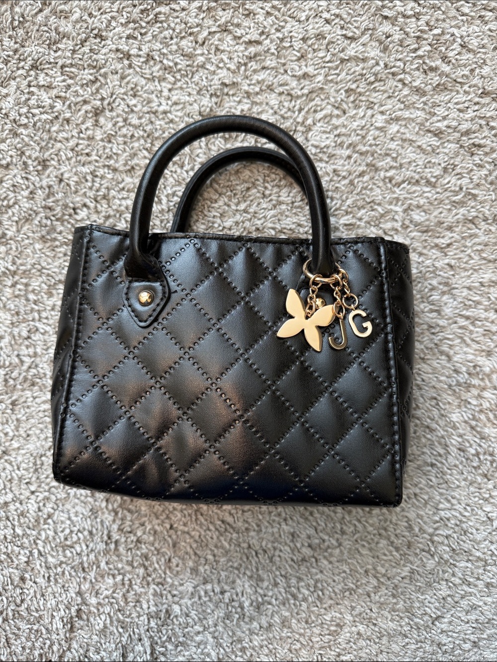Black Quilted Top-Handle Girl’s Bag with Gold Charm